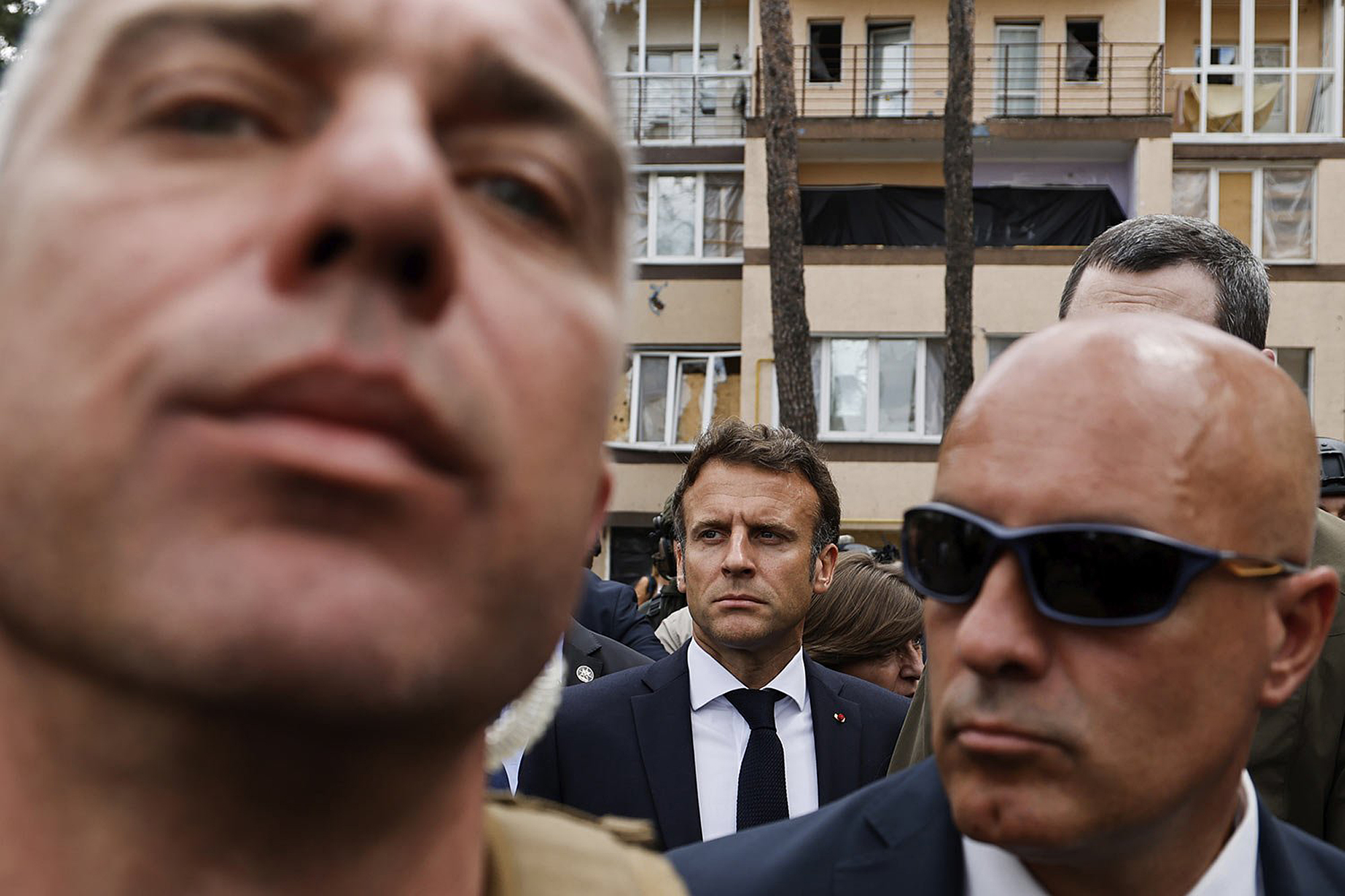 French President Emmanuel Macron, visits Irpin, on the outskirts of Kyiv, Thursday, June 16, 2022. Ludovic Marin, Pool via AP