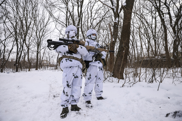 DONETSK, UKRAINE - FEBRUARY 17: Ukrainian soldiers patrol amid Russia-Ukraine war in Bakhmut, Donetsk