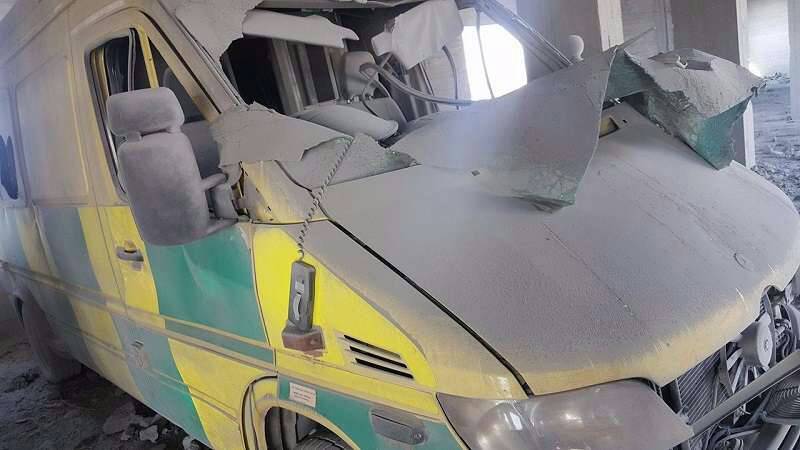 Damage to one of the hospital’s ambulances.