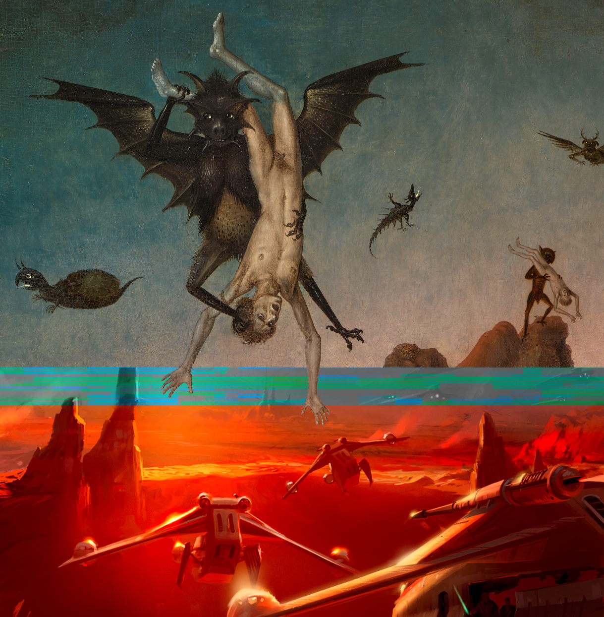 ‘De val van de verdoemden’, Dieric Bouts, ca. 1450, Palais des Beaux-Arts, Lille © RMN-Grand Palais (PBA, Lille) / Stéphane Maréchalle | ‘Republic Attack Gunships on Geonosis’, Star Wars: Attack of the Clones (2002), digital concept art, Ryan Church © Lucas Museum of Narrative Art, Los Angeles