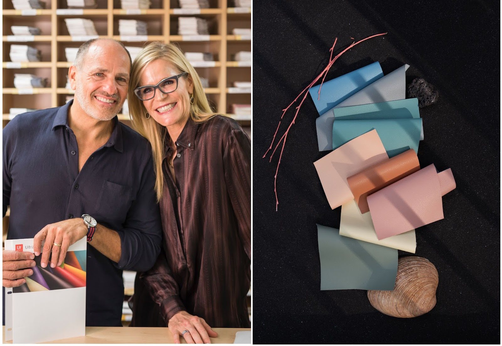 Left Photo: photo: Ultrafabrics founders Clay Rosenberg & Danielle Boecker-Primack Right Photo: Ultrafabrics Pumice Indoor/Outdoor performance fabric