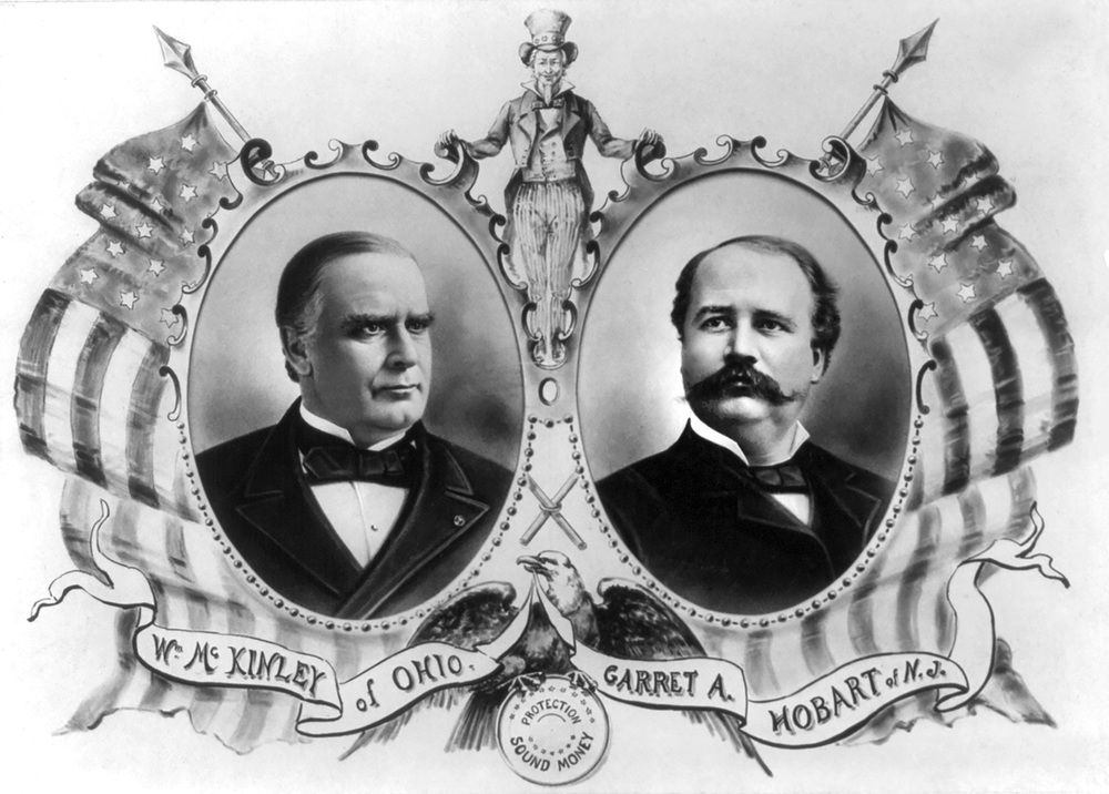 AKG7416183 William McKinley and Garret A. Hobart, Head and Shoulders Portrait in Ovals Bordered with American Flags with Uncle Sam, Presidential Election Banner, 1896 © akg-images / Glasshouse