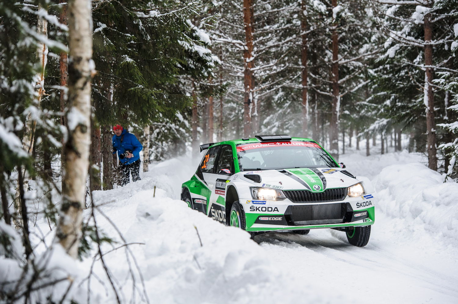 At Rally Sweden, second round of 2018 FIA World Rally Championship (WRC), Ole Christian Veiby and co-driver Stig Rune Skjærmoen (ŠKODA FABIA R5) are fighting for victory in the WRC 2 category