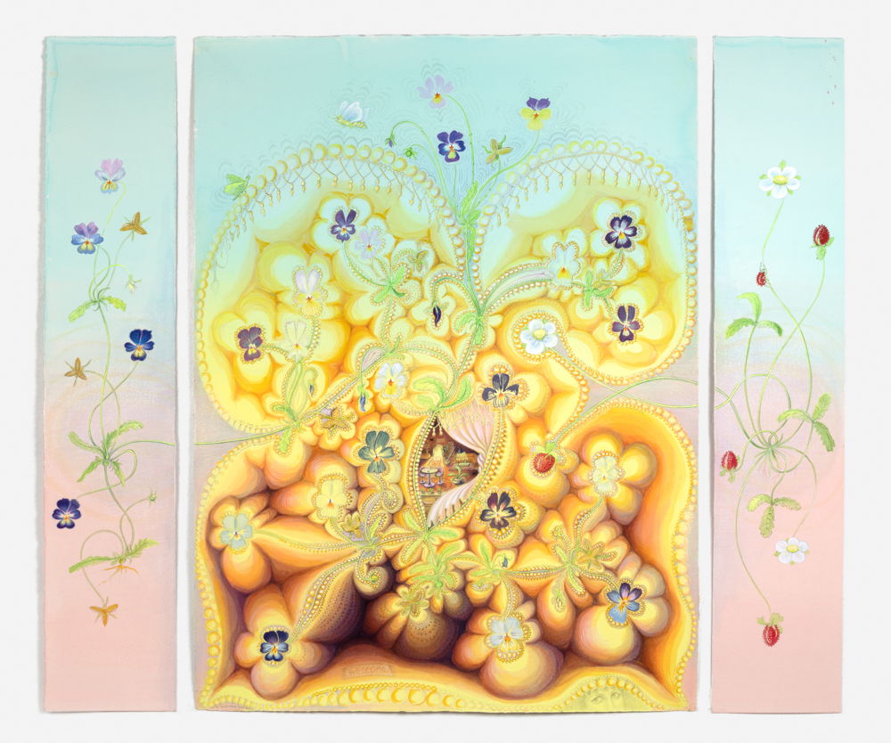 Kinke Kooi, Visit, 2019 acrylverf en (kleur) potlood op  papier, 102 x 120 cm Collectie Stedelijk Museum Schiedam