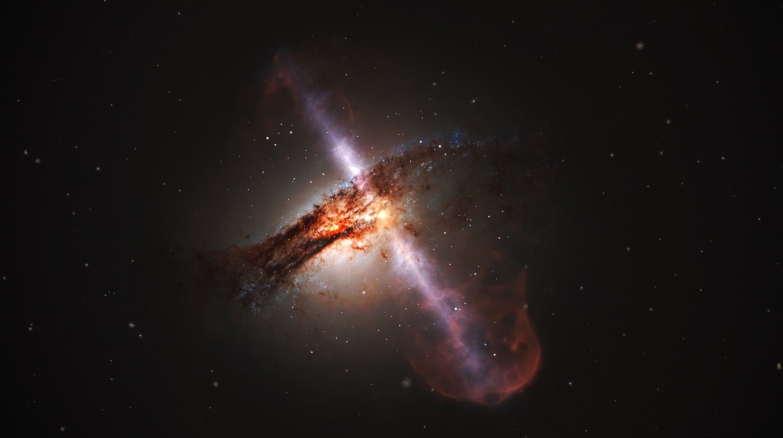 Image. An active galactic nucleus, or quasar, hosts a black hole with an accretion disk of matter orbiting around and two jets of plasma beaming outward. Credit: ESA/Hubble, L. Calçada (ESO)