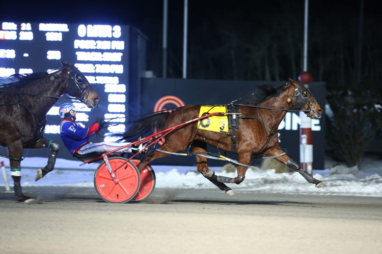 Uhtred and driver Sylvain Filion winning the third race on February 26, 2022 at Woodbine Mohawk Park (New Image Media)