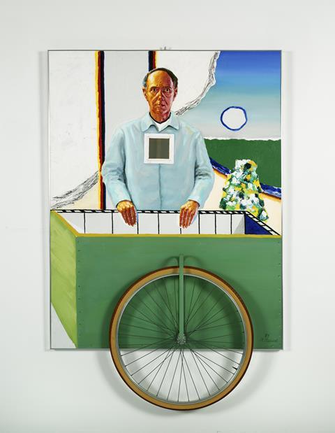 Roger Raveel, Zelfportret met karretje (1981). Olieverf op doek en mixed media, 145 x 114 cm. Collectie Roger Raveel Museum / Vlaamse Gemeenschap.  