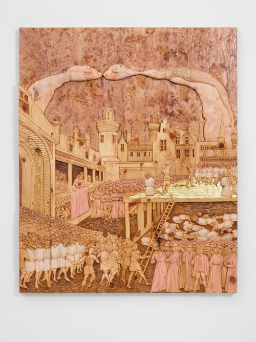 Wael Shawky
Cabaret Crusades: Relief of the Siege of Jerusalem 1189-91 (after Jean Colombe's After the
capture of Acre 1189 by Bourges,1475), 2018
Hand carved wood, gold leaf
146 x 119 x 6 cm
57 3/8 x 46 3/4 x 2 1/4 in
(WSHA180002) Wael Shawky
Cabaret Crusades: Relief of the Siege of Jerusalem 1189-91 (after Jean Colombe's After the
capture of Acre 1189 by Bourges,1475), 2018
Hand carved wood, gold leaf
146 x 119 x 6 cm
57 3/8 x 46 3/4 x 2 1/4 in
(WSHA180002)