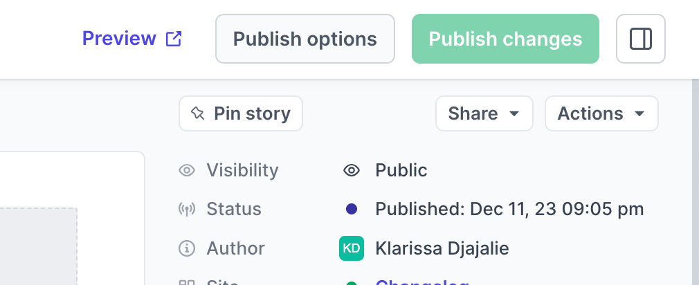 The "Pin story" button can be found on the top right side of the story editor