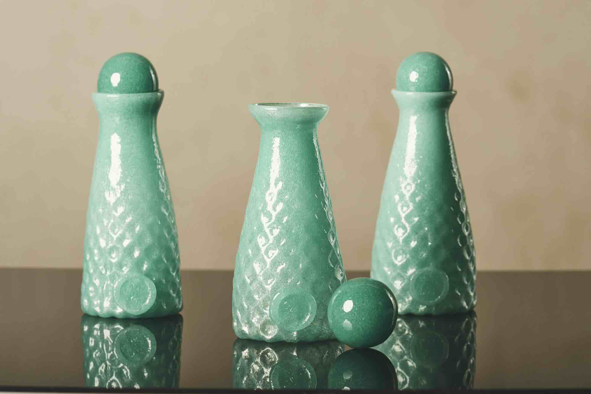 Carafes from Harrison’s Thames Glass collection, made from locally sourced sand, crushed mussel shells and wood ash in collaboration with Here Design © Ben Turner