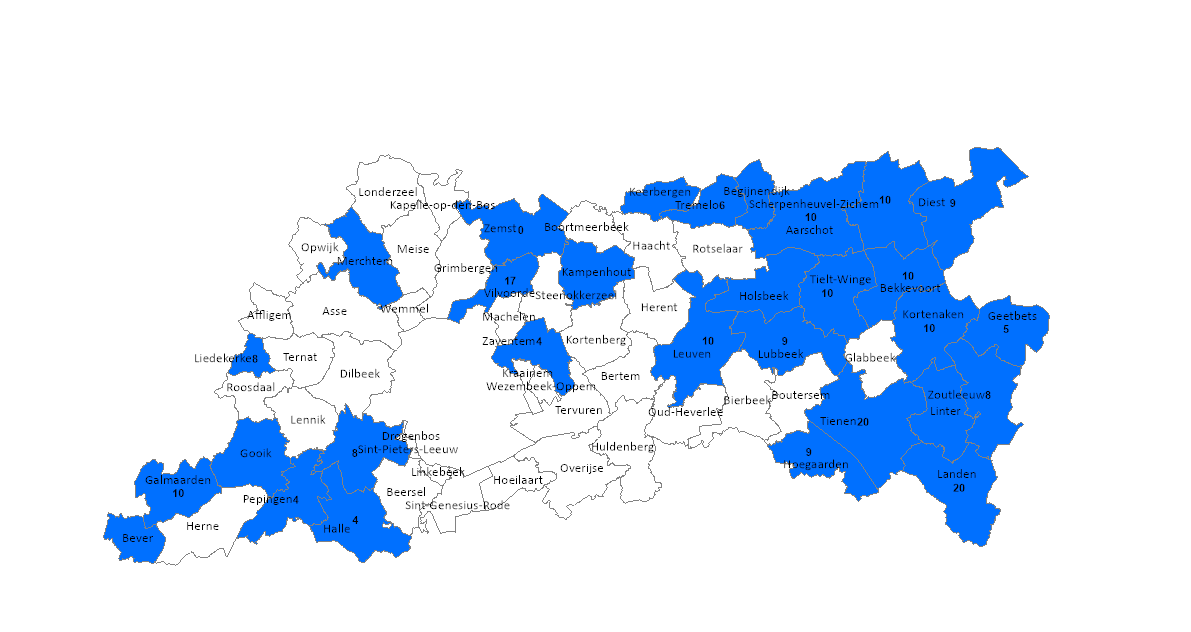 30 gemeenten (in blauw) zijn ingegaan op het provinciale renovatieproject