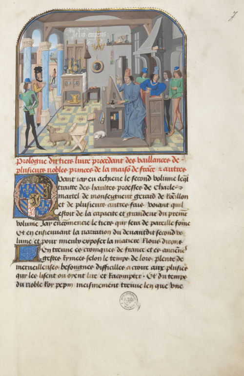 Histoire de Charles Martel, vol. III. Zuidelijke Nederlanden (Brugge en Brussel), tweede helft 15de eeuw. ms. 8, fol. 7r David Aubert in zijn scriptorium © KBR