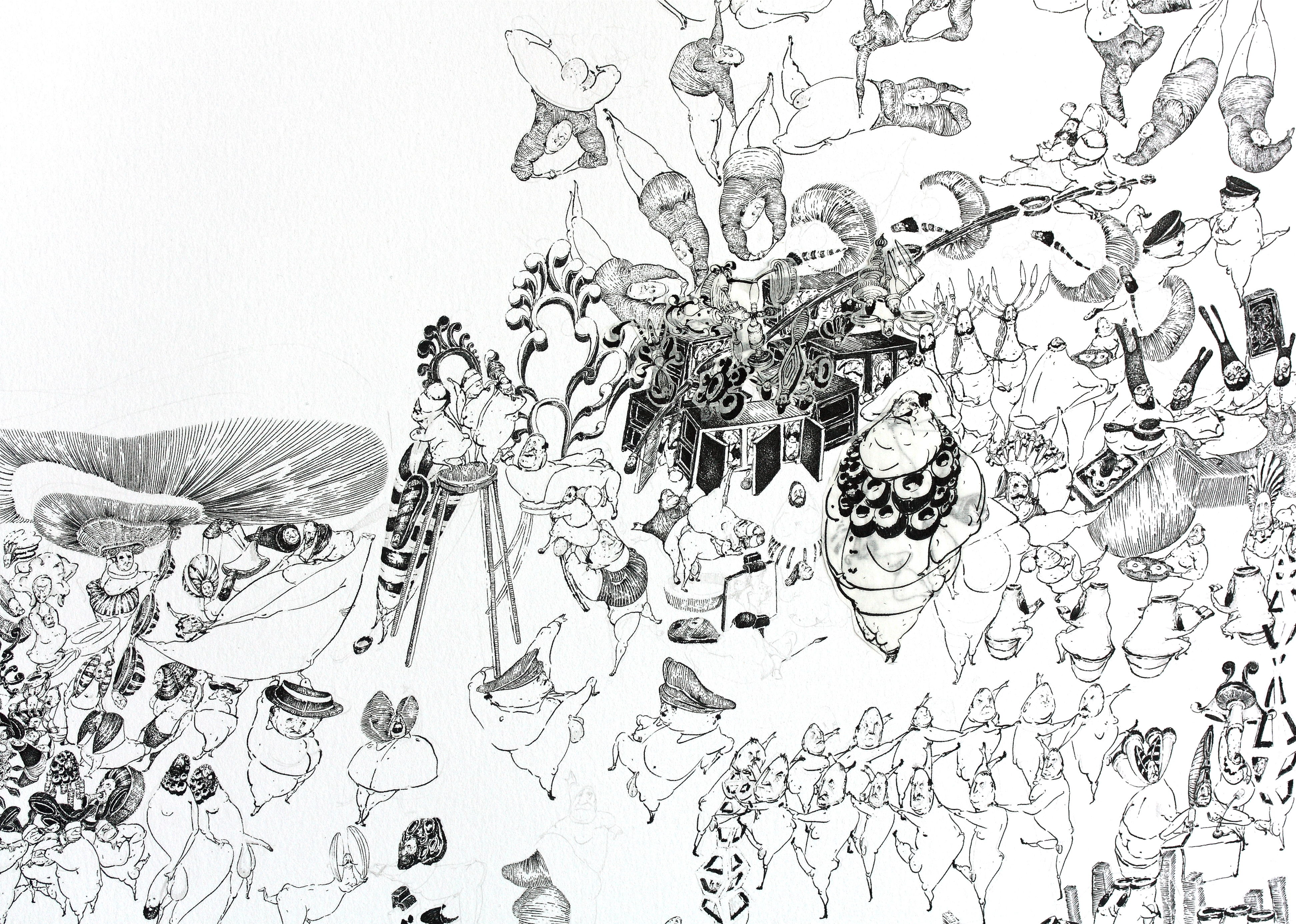 Ricardo Lanzarini, Desplazamiento social con coreografia, 2013-2019. Drawing, pencil on paper and collage, 48 x 58 cm. Courtesy the artist and Baronian Xippas, Brussels