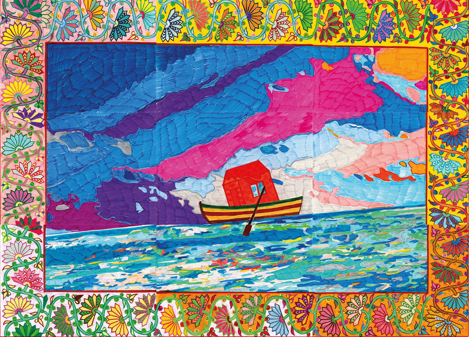 Araks Sahakyan Toun yev nawak (huis en kleine boot), 2022,  Markers op pigmentbasis op papier, 61,2 x 85,2 cm (9 vellen), Collectie kunstenaar