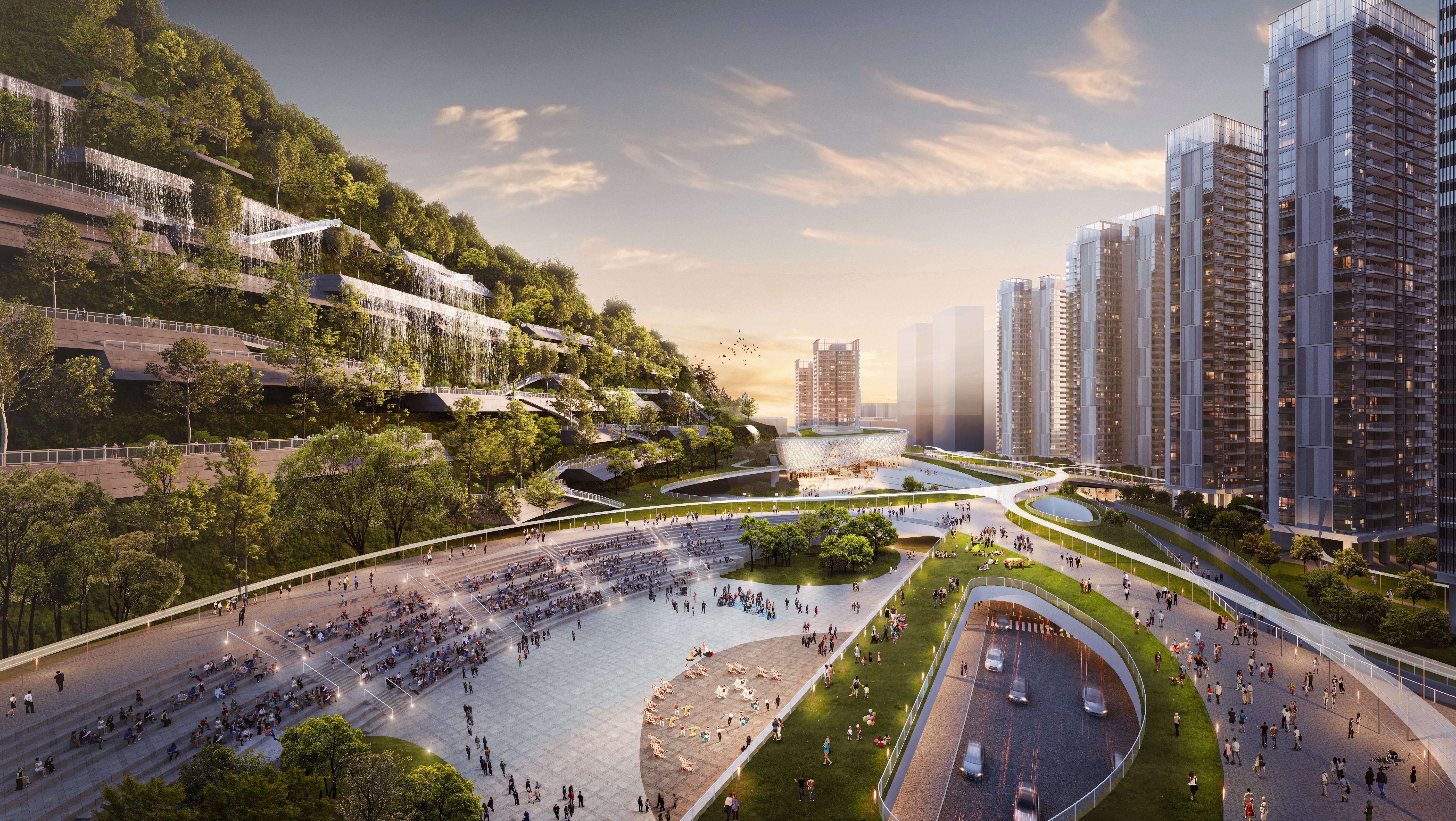 The Chiwan Comprehensive Development by RLP lies on the southern Shekou Peninsula. This landmark biophilic TOD design promotes a zero-carbon lifestyle and beautifully integrates natural greenery with the nearby hillside.