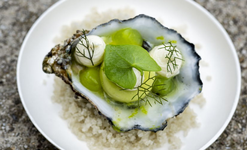 Zeeuwse oester met een ijspastille van selder en groene appel, en ziltige kruiden