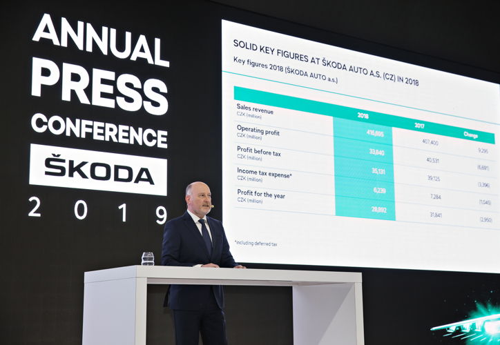 Klaus-Dieter Schürmann, ŠKODA AUTO Board Member for Finance and IT, at the automaker's annual press conference in Mladá Boleslav today.