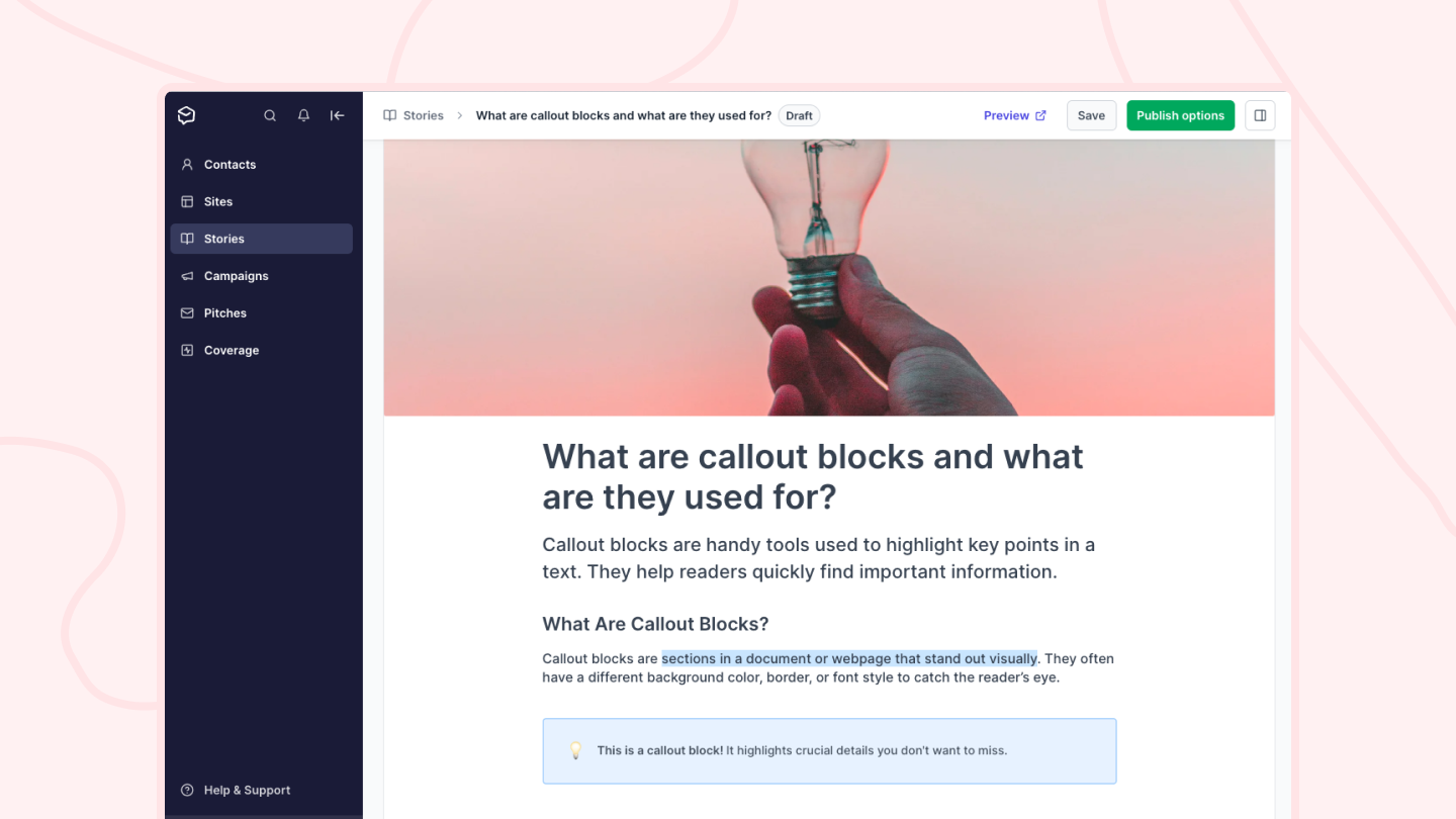 How to add a callout block and highlight text in your Stories, Campaigns, and Pitches