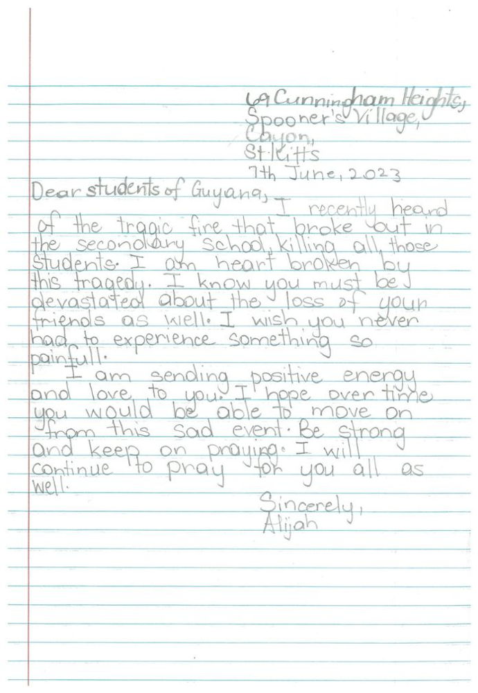 Letter from Alijah-Student of Cayon Primary School in Saint Kitts and Nevis 