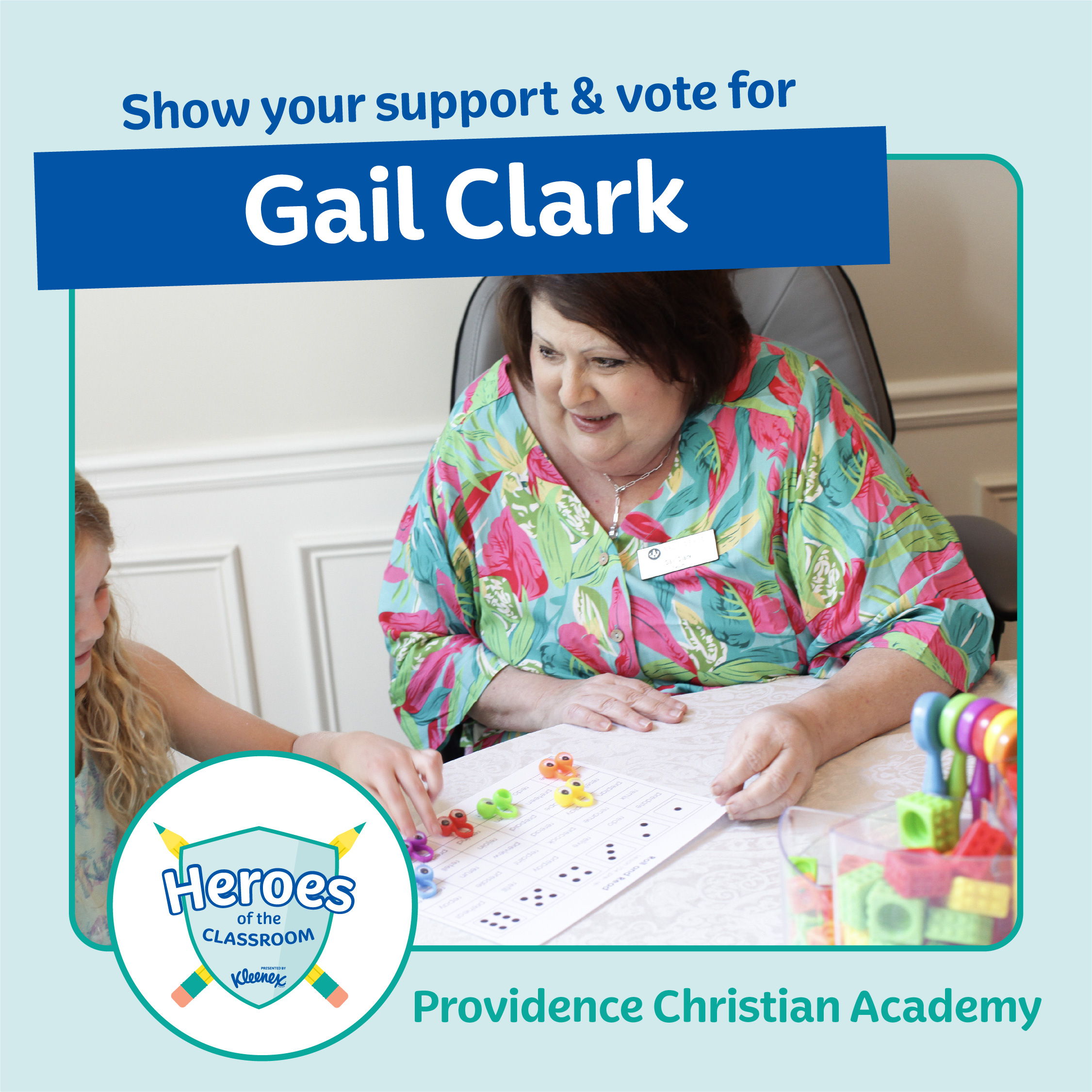 Gail Clark of Providence Christian Academy is named a national finalist in the Kleenex Heroes of the Classroom. Vote for her to win the Grand Prize: $5K for her, $5K for her school and a year's supply of Kleenex. Vote at heroesoftheclassroom.com/vote.