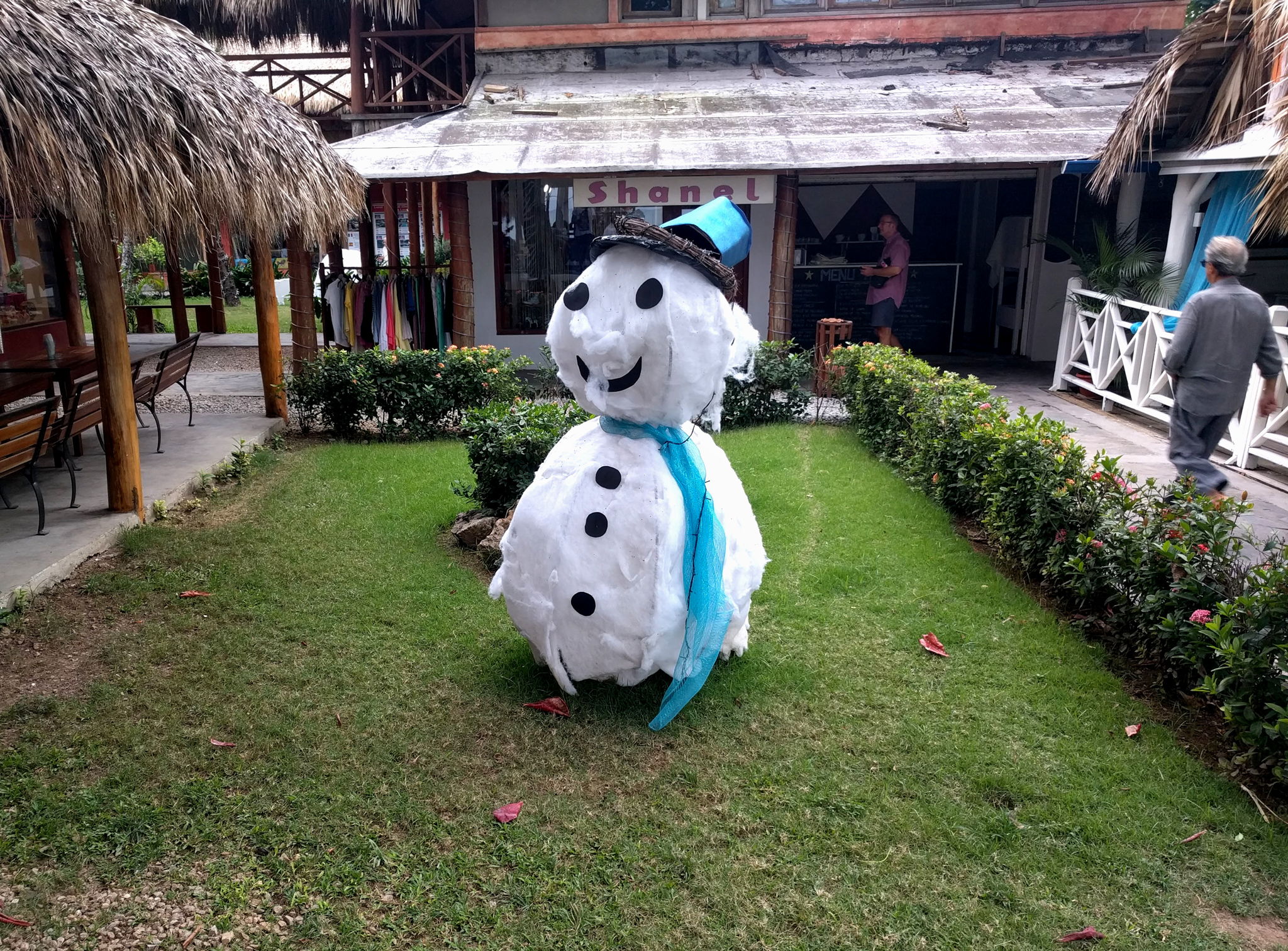 A snowman made with cotton wool and a mosquito net