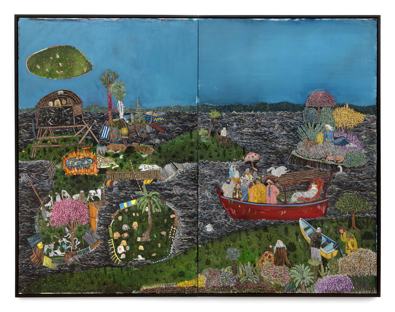BRAM DEMUNTER, Ancient Alligator Swimming From The Sea To The River, 2019 - 2021. Oil on canvas, (2 panels) 200 x 260 cm. Courtesy Tim Van Laere Gallery, Antwerp