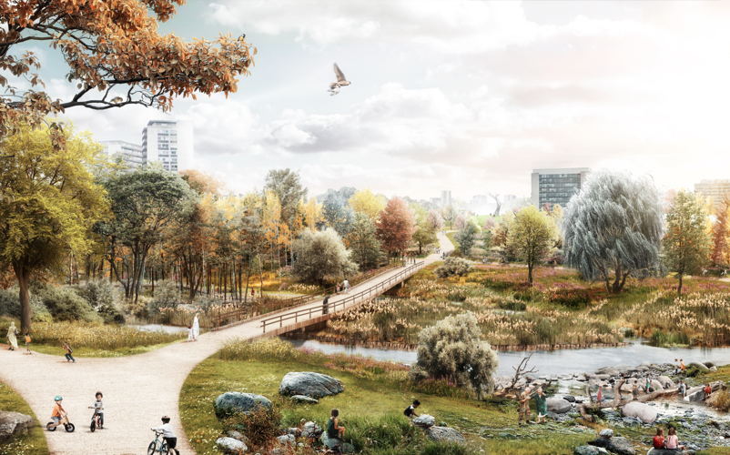Ringpark Het Schijn: Het meanderend Schijn met de eilanden en zicht op kap Hof ter Lo.
© Ontwerpteam Ringpark Het Schijn - COBE ApS - OMGEVING cvba - De Urbanisten BV Ringpark Het Schijn: Het meanderend Schijn met de eilanden en zicht op kap Hof ter Lo.
© Ontwerpteam Ringpark Het Schijn - COBE ApS - OMGEVING cvba - De Urbanisten BV
