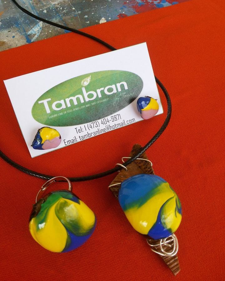 Tambran by Tamara necklace, ring and earring set made from seeds and recycled materials. Tambran by Tamara necklace, ring and earring set made from seeds and recycled materials.