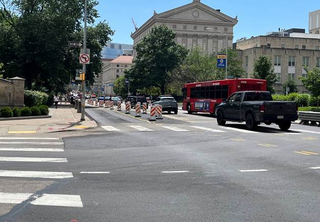 Pedestrian islands were recently removed at Fifth and Bellefield Avenues Pedestrian islands were recently removed at Fifth and Bellefield Avenues