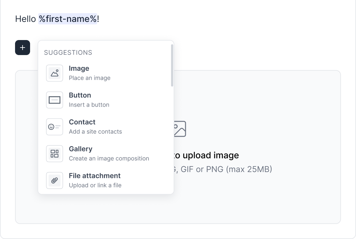 Prezly email composer showing a first-name field and options to add images, buttons and files.