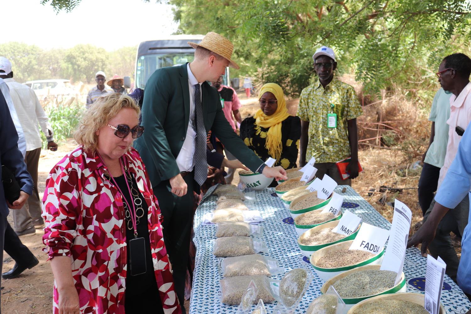 Members of the EU delegation visit a small exhibition of millets and groundnut varieties at ICRISAT-Mali.