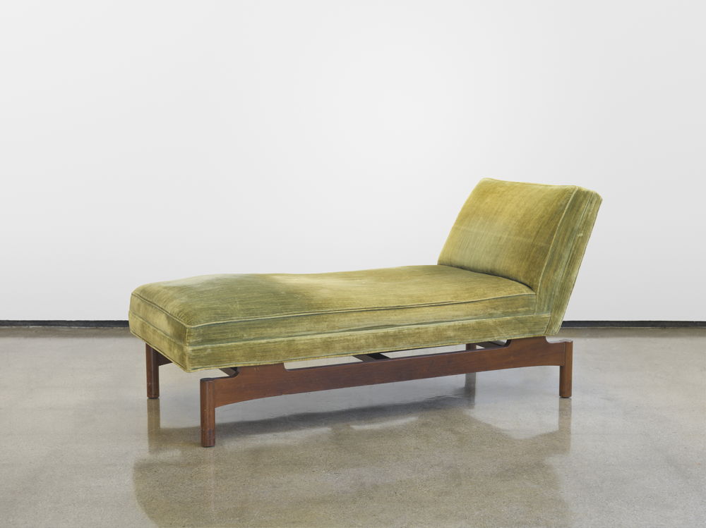 Gerald Luss; Chaise Lounge Chair for Lehigh Furniture Company; circa late 1950s; walnut frame with velvet upholstery; photo by Genevieve Hanson