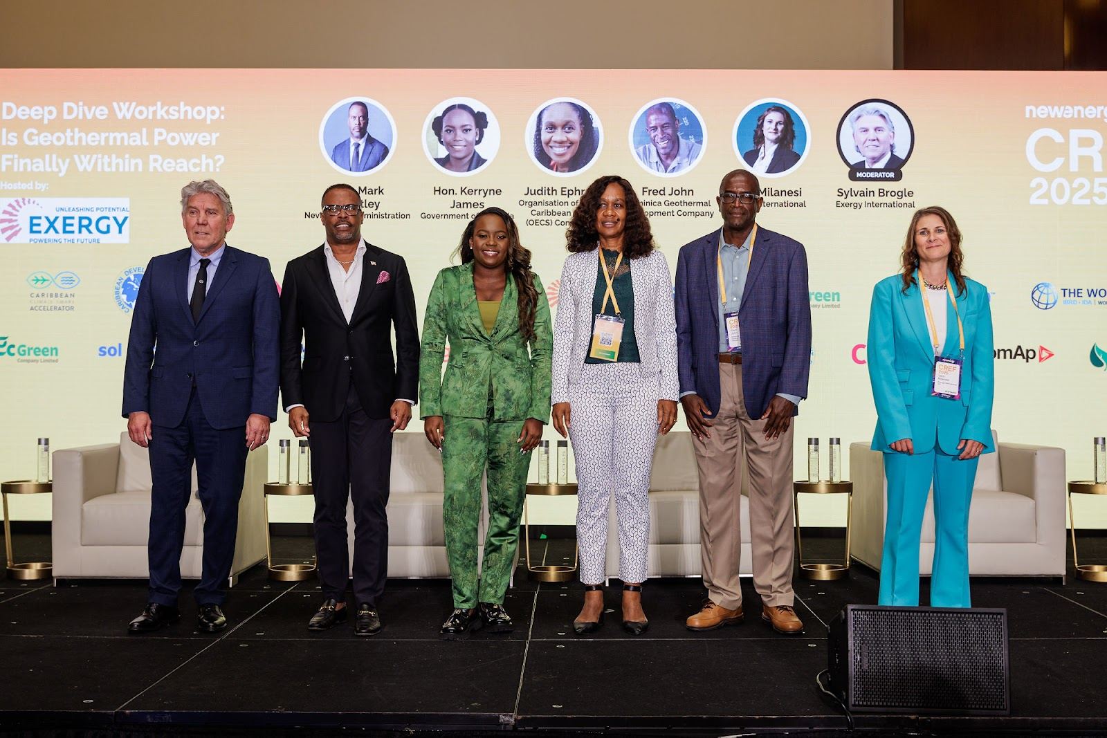 Hon. Mark Brantley (second from left), the Premier of Nevis; Hon. Kerryne James (third from left), Minister of Climate Resilience of Grenada; Fred John (second from right), Managing Director of the Dominica Geothermal Development Company (DGDC) and Judith Ephraim (third from right), Programme Director, Sustainable Energy, of the OECS Commission Hon. Mark Brantley (second from left), the Premier of Nevis; Hon. Kerryne James (third from left), Minister of Climate Resilience of Grenada; Fred John (second from right), Managing Director of the Dominica Geothermal Development Company (DGDC) and Judith Ephraim (third from right), Programme Director, Sustainable Energy, of the OECS Commission