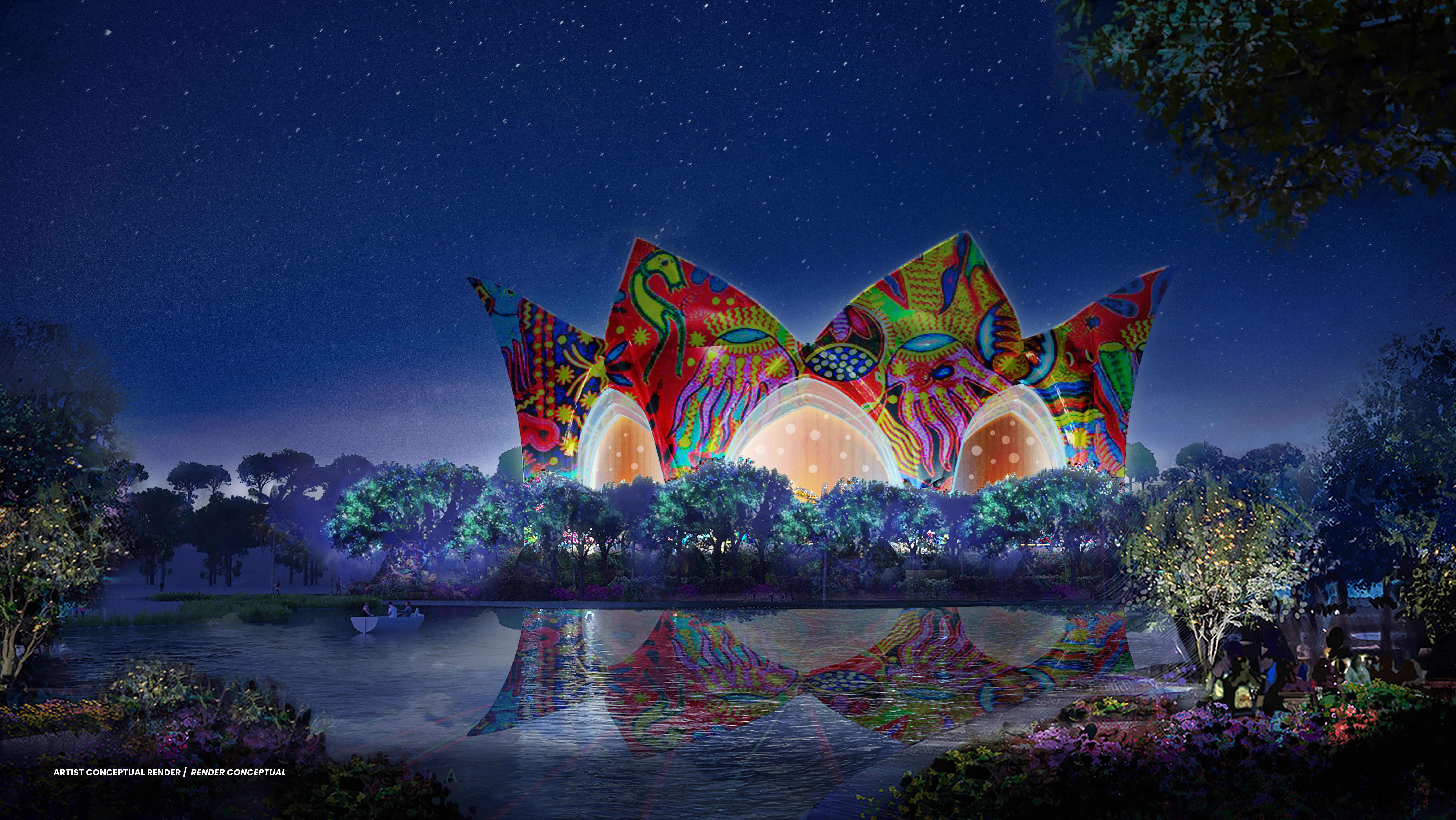 Un impresionante adelanto del nuevo teatro del Cirque du Soleil en el parque temático de lujo VidantaWorld BON Luxury Theme Park. Este innovador recinto, diseñado para albergar el revolucionario espectáculo acuático LUDÕ, es una maravilla de la arquitectura moderna y la innovación.