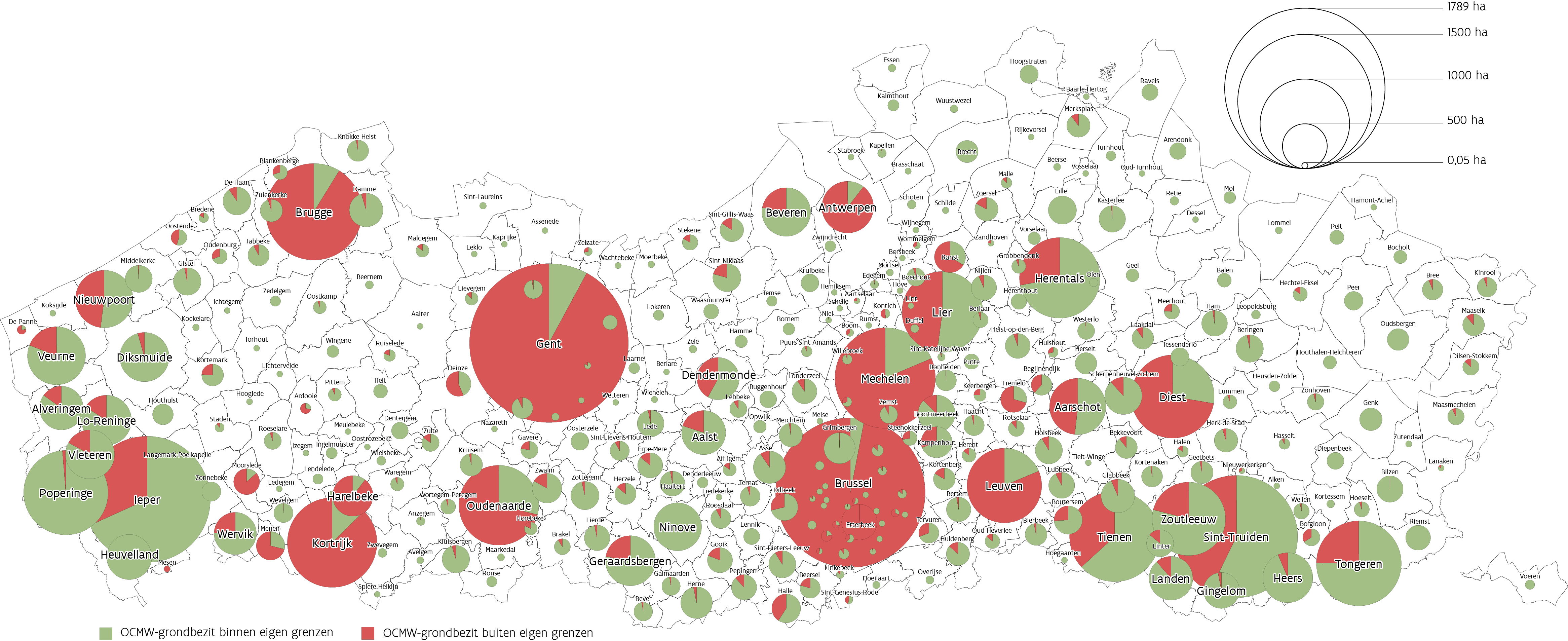 Grondbezit van OCMW’s, naar omvang en liggingBron: ILVO op basis van kadasterdata (FOD Financiën, 2024)