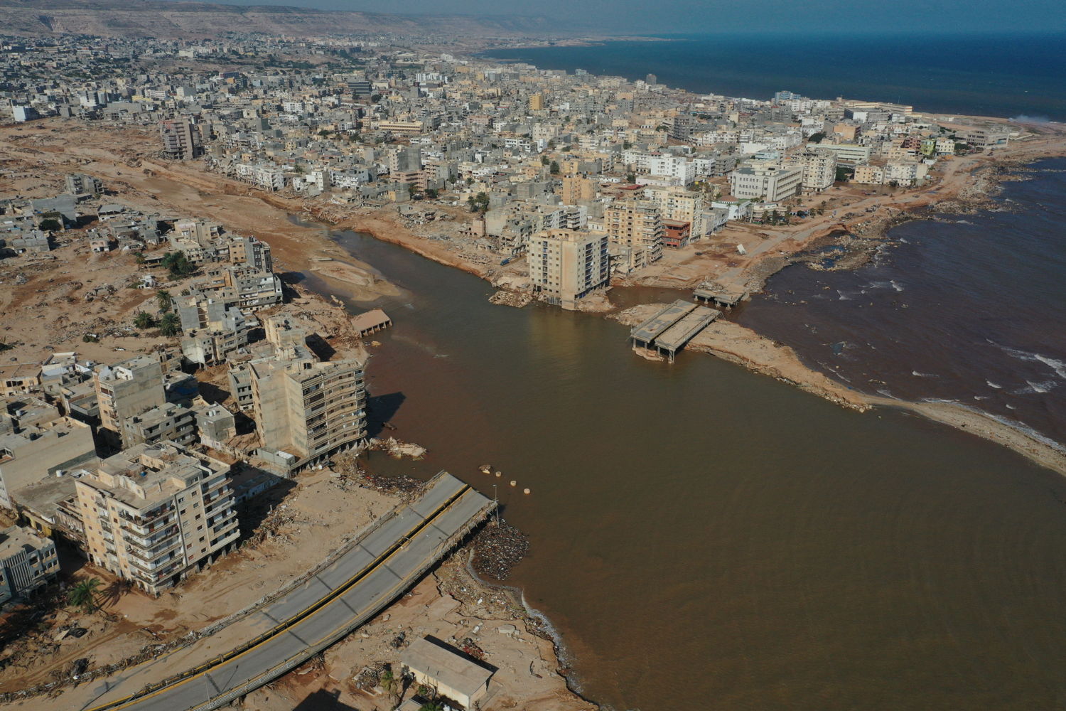 An aerial view of devastation after the floods caused by the Storm Daniel ravaged the region, in Derna, Libya on September 17, 2023. Copyright: Halil Fidan/Anadolu Agency via AFP