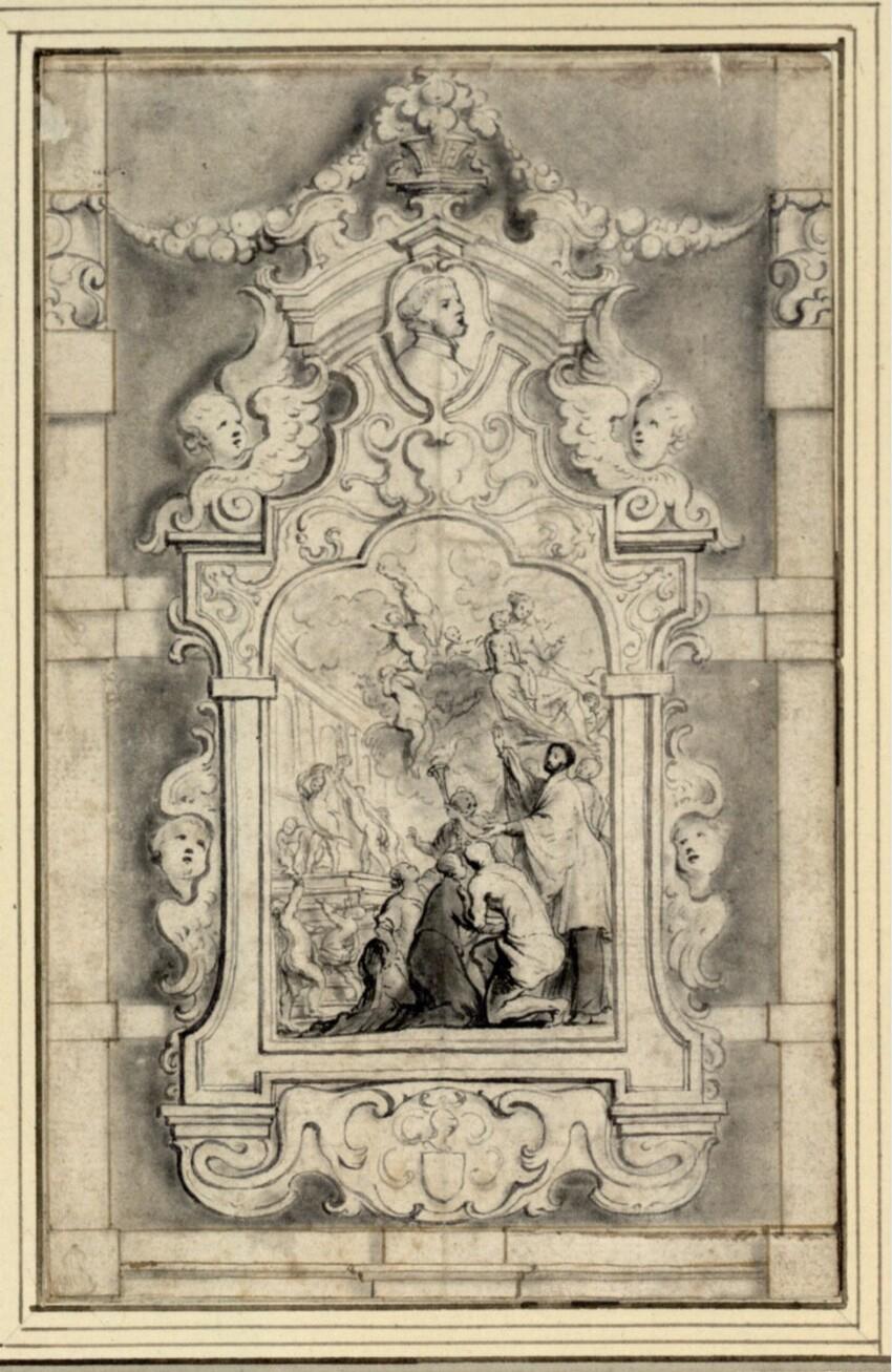 4 a & b – Anoniem (foutief toegeschreven aan Jan van den Hoecke) naar Jacob Moermans?, Ornamentale Rahmung eines Altargemäldes: Jesuiten vor dem Papst, mit Madonna im Himmel [Regina patriarchorum] en Die Wunder des Franz Xaver, mit Madonna im Himmel [Regina apostolorum], na 1654 (Wenen, Albertina, inv. 8599 & 8600)