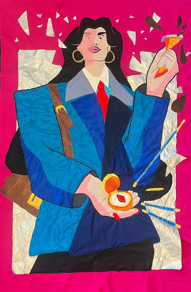 Het eerste wandkleed voor de tentoonstelling: verbeelding van de vrouw aan het werk. 
