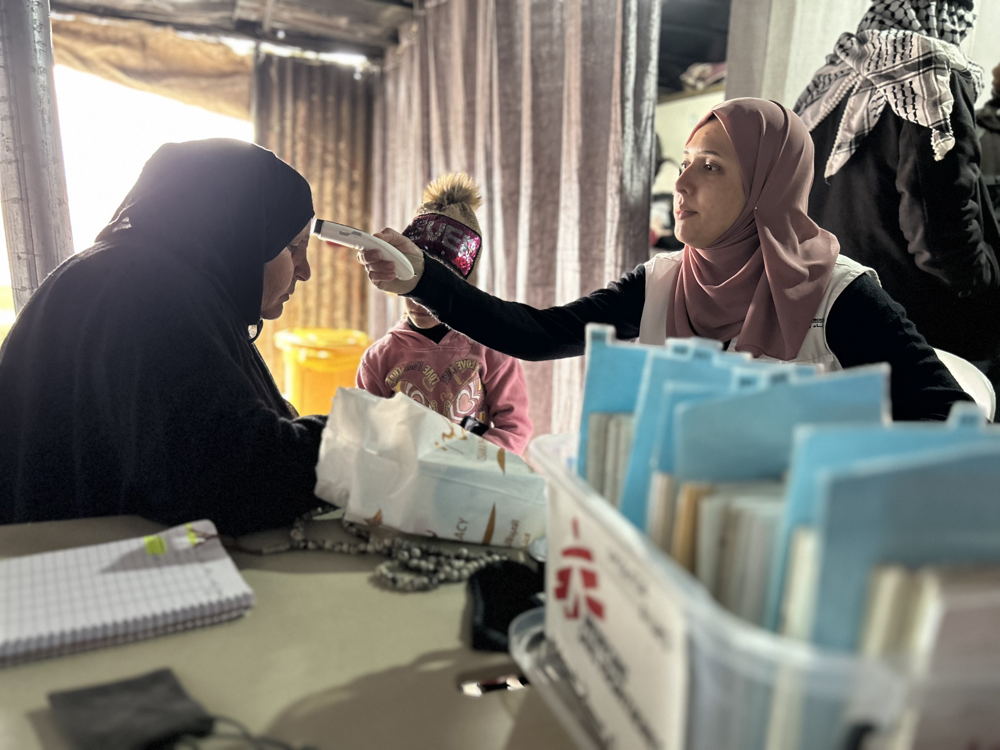 Fatima* came with her granddaughter to the mobile clinic set up by MSF in Umm Qussa gathering in Masafer Yatta, to bring healthcare closer to the communities. She was one of the first ones to arrive that day. It is her first medical consultation for the past nine months. Copyright: Laora Vigourt/MSF