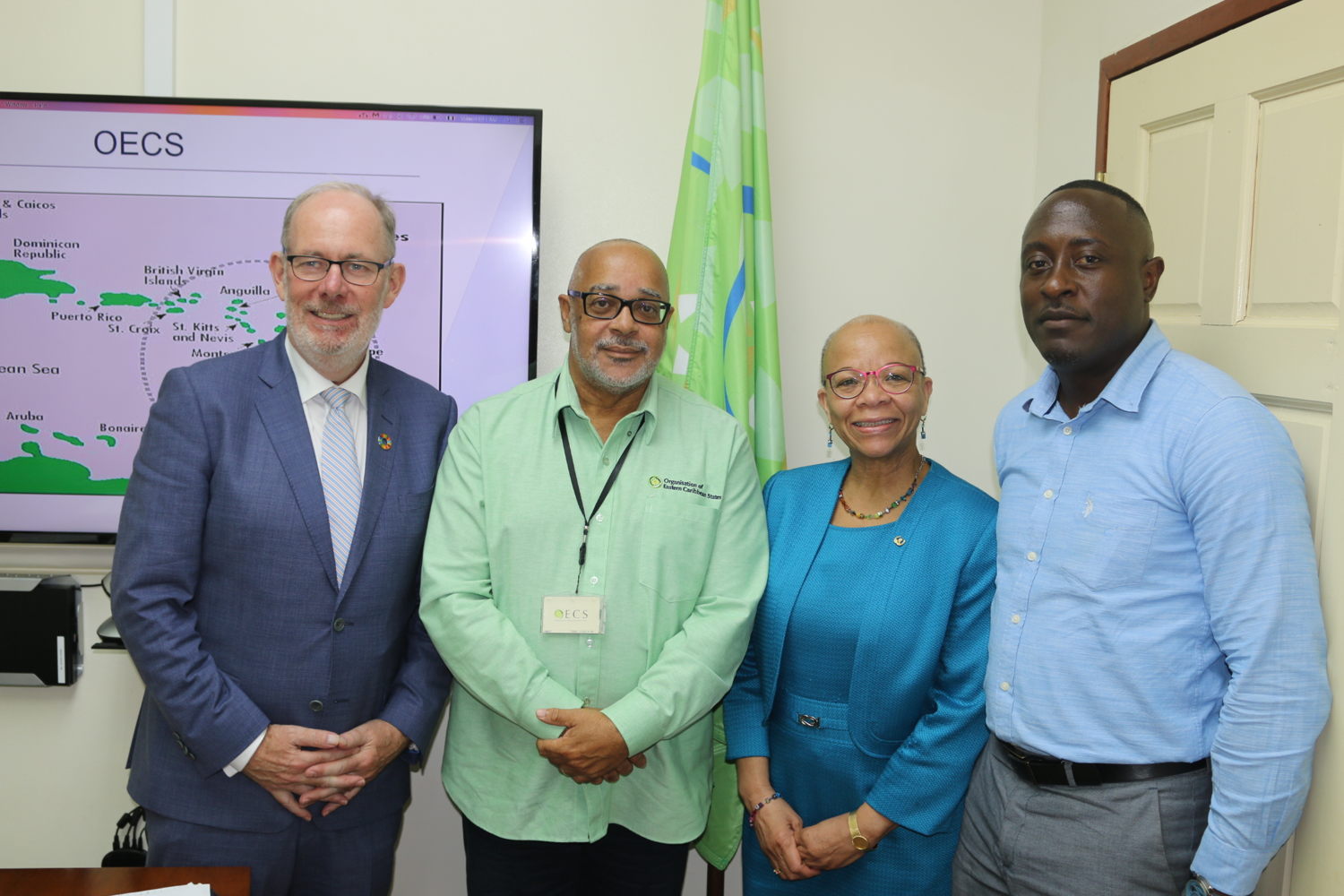 From left to right: Director of WMU-Sasakawa Global Ocean Institute, and Nippon Foundation Professorial Chair, Ocean Governance & Law of the Sea, Professor Ronan Long, Director General of the Organisation of Eastern Caribbean States (OECS) Dr. Didacus Jules, President of the World Maritime University (WMU) Dr. Cleopatra Doumbia-Henry and Head of the OECS Environmental Sustainability Cluster Chamberlain Emmanuel.