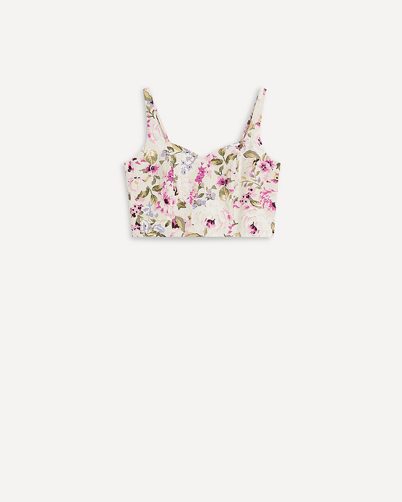 Linen-Blend Bustier Top with Sweetheart Neckline x The Birds Papaya