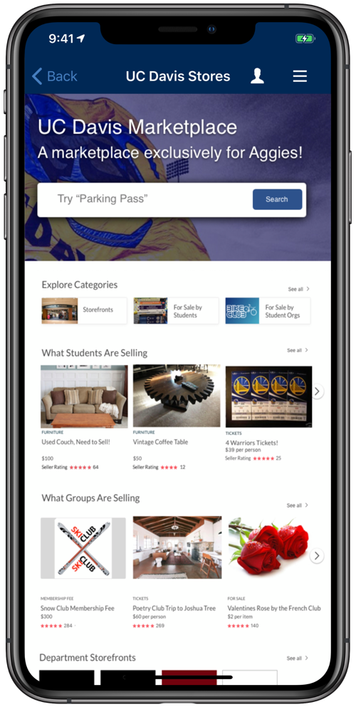 College campuses can run their own student market and have secure transactions take place in the Modo Marketplace.