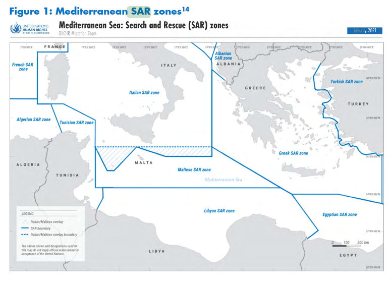 Zonas SAR en el Mediterráneo central. Fuente: Oficina del Alto Comisionado para los Derechos Humanos. 