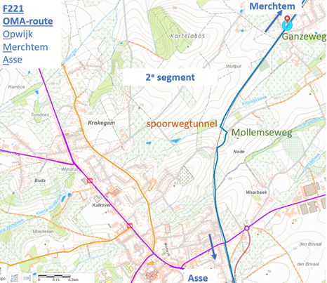 Kaart met het aan te leggen stuk fietssnelweg in Asse.