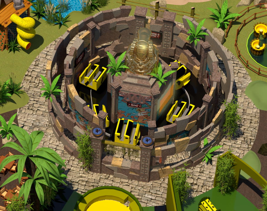 Smash & Reload attraction themed as temple ruin at Houba World