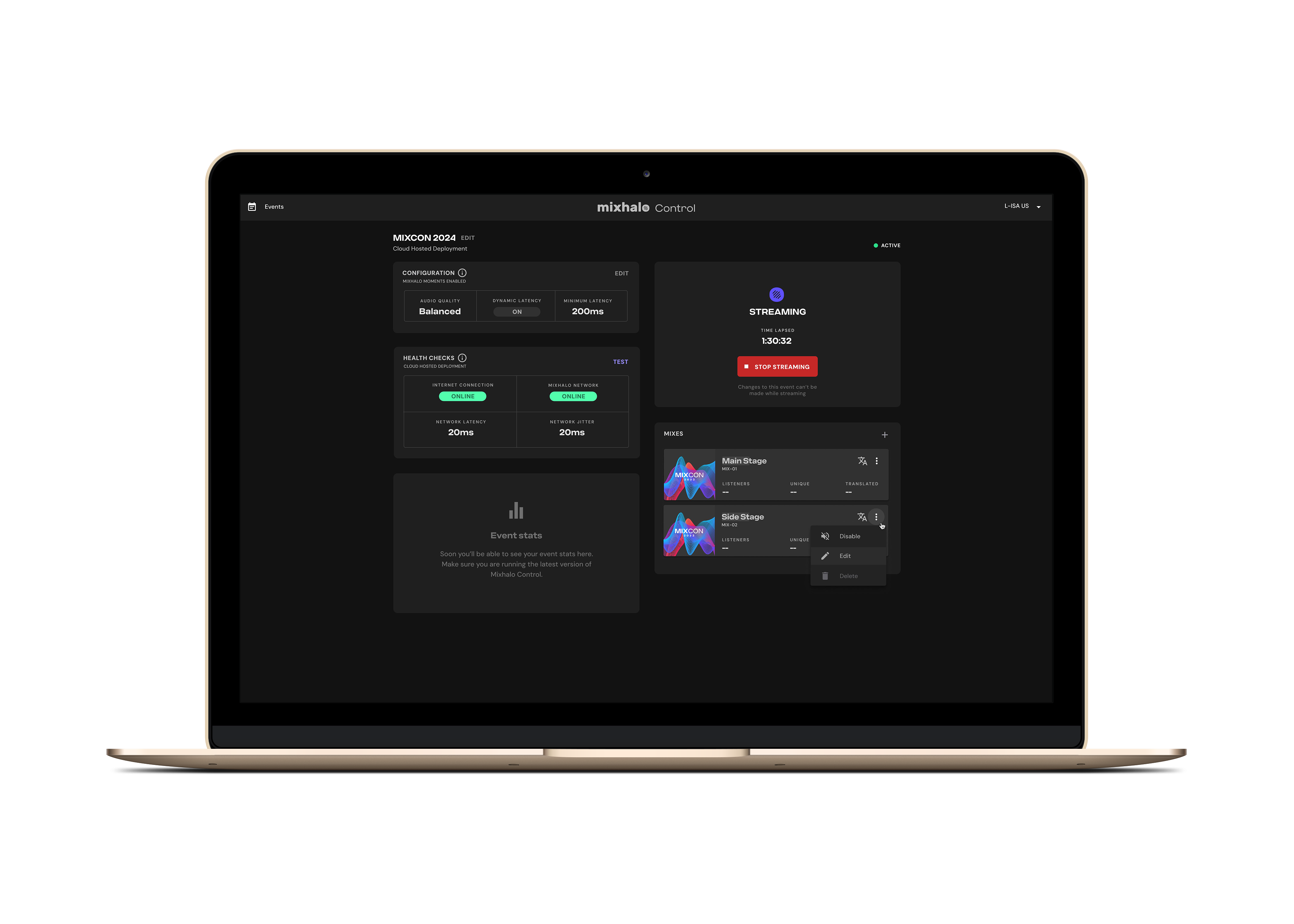 Within L-ISA 3.2 software, Mixhalo Control, allows configuration of events & venues with management of Mixhalo Live, Moments and Translate features.