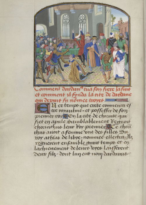 Raoul Lefèvre, Le Recueil des histoires de Troie, book 1. Southern Netherlands (Bruges), circa 1464. ms. 9261, fol. 19v Dardanus killing his brother Jasius © KBR