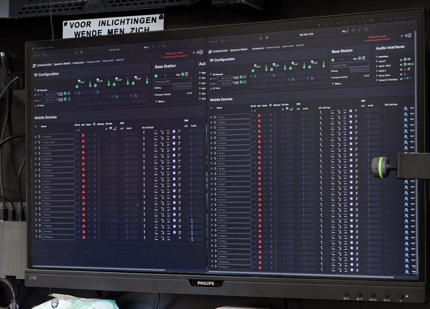 Using Spectera WebUI, van der Spoel set the pre-amplification of the headworn microphones and range for monitor volume for the musicians Using Spectera WebUI, van der Spoel set the pre-amplification of the headworn microphones and range for monitor volume for the musicians