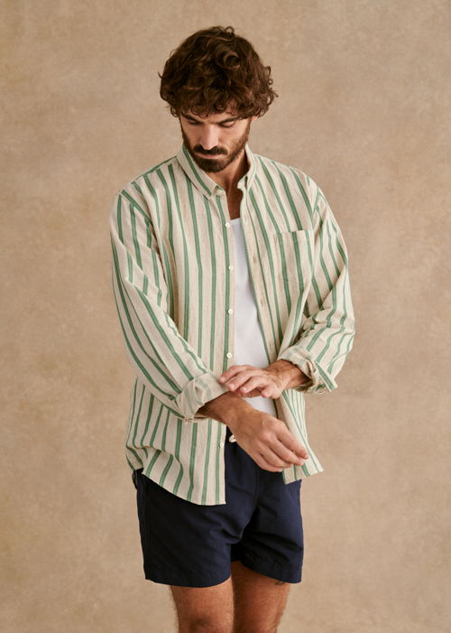Octobre Editions - Chemise Charlie Coton Lin Ecru Rayures Vertes - 90€