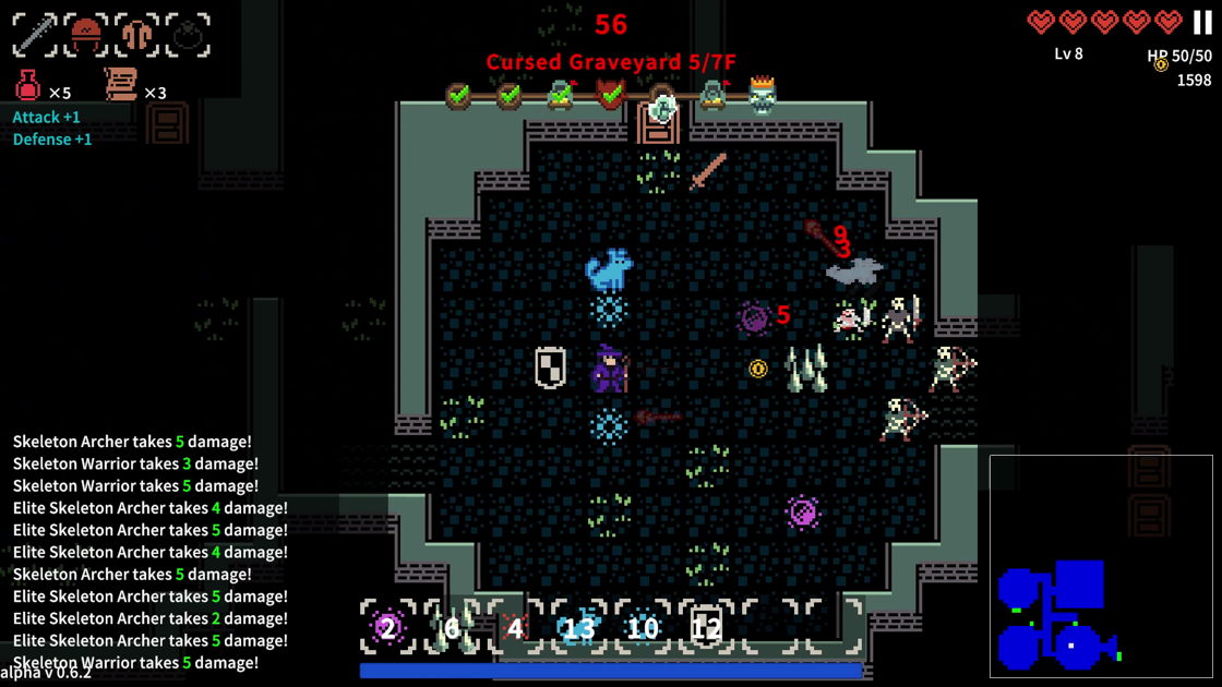 Escena de combate de Delve Survivors con el héroe rodeado por numerosos enemigos